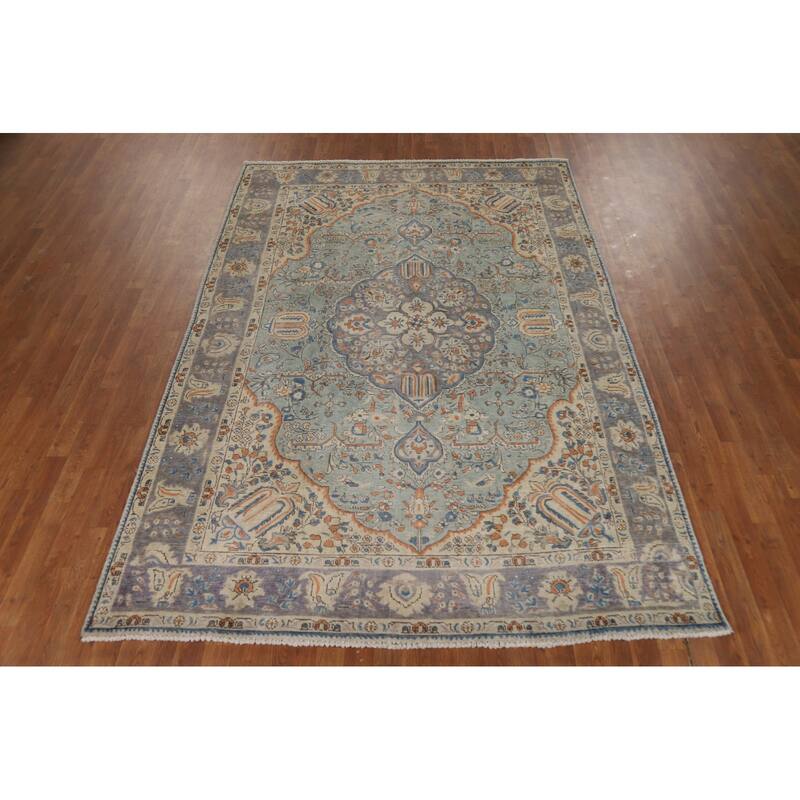 Light Blue Floral Tabriz Persian Area Rug Hand-Knotted Wool Carpet - 6'5"x 9'5"