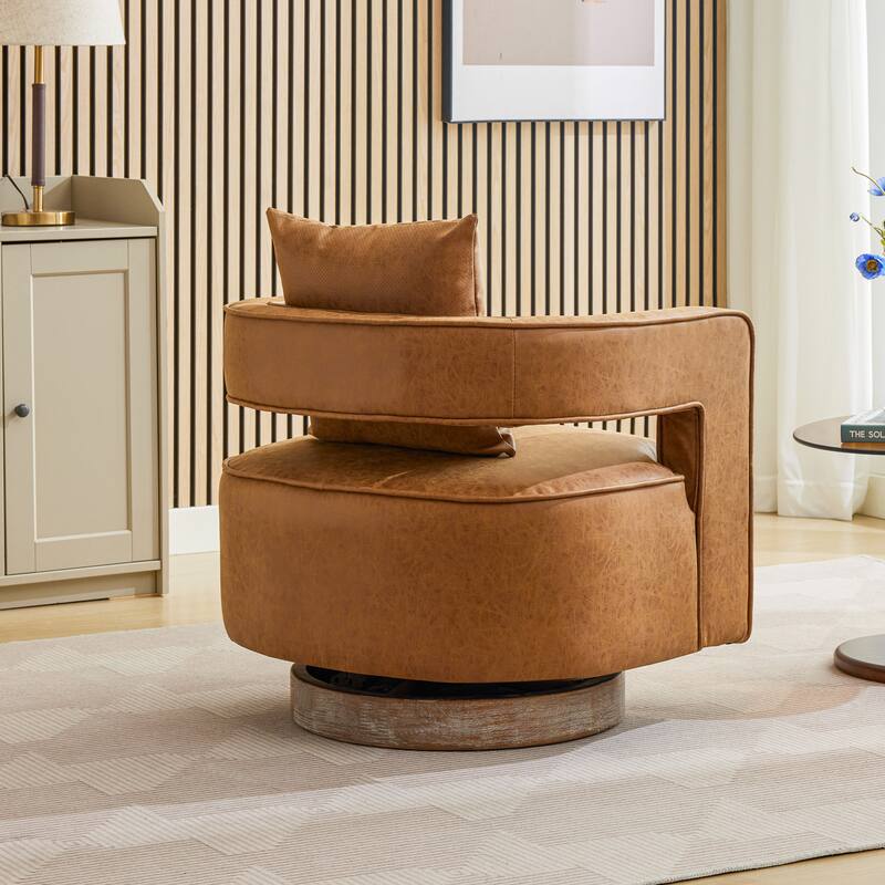 Modern Swivel Chair,PU leather Barrel Chair with Wooden Base and pillow