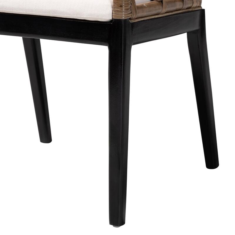 Abiel Natural Rattan Dining Armchair with Cushion - Handwoven Wicker Chair with Mahogany Wood Frame, Coastal Boho Seating