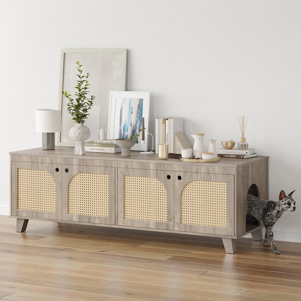 Anmytek Cat Litter Box Enclosure TV Stand Rattan Modern Hidden Furniture Console for Living Room
