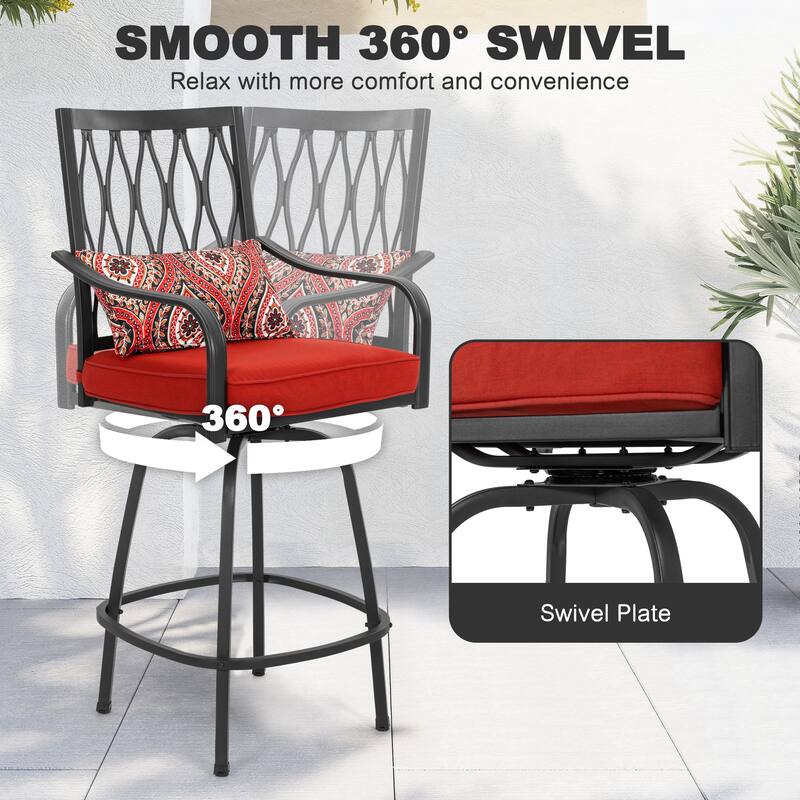 Patio 2-Piece Swivel Bar Stools with Red Cushions, Black