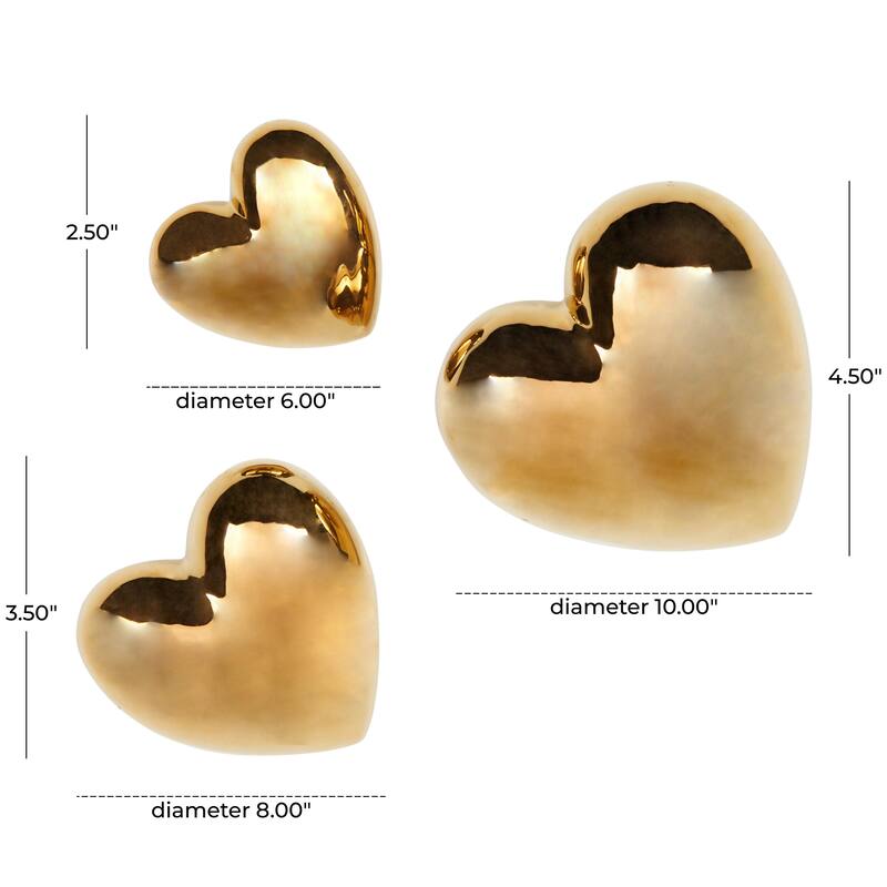 Ceramic Heart Slanted Home Wall Decor with Varying Sizes - Set of 3 Black, Gold, Silver, White - Roche River Decor