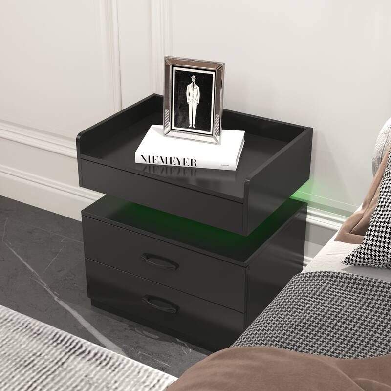 1 Set Nightstand with Adjustable LED Strip Light, 2-Drawers, Large Storage Space