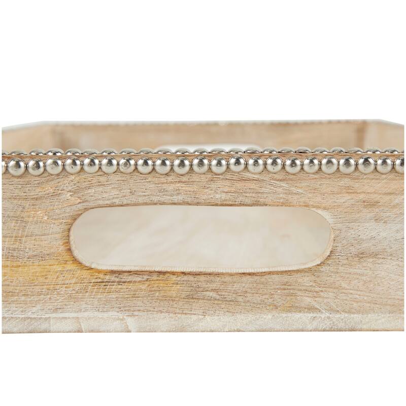 Light Brown Mango Wood Living Room Decor Tray with Silver Beaded Rim (Set of 2)