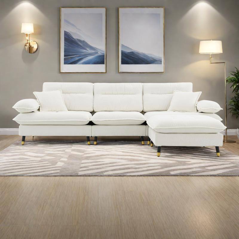 106" L-Shaped Chenille Sectional Sofa, 4-Seater with Ottoman and Adjustable Legs - White