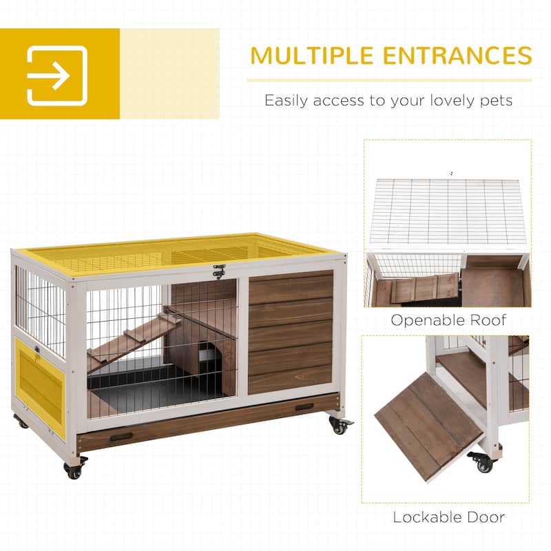 Brown Fir Wood Bunny Hutch with Run Ramp Wheels and Removable Tray for 1-2 Small Pets - 35.5" L x 20.75" W x 23.25" H