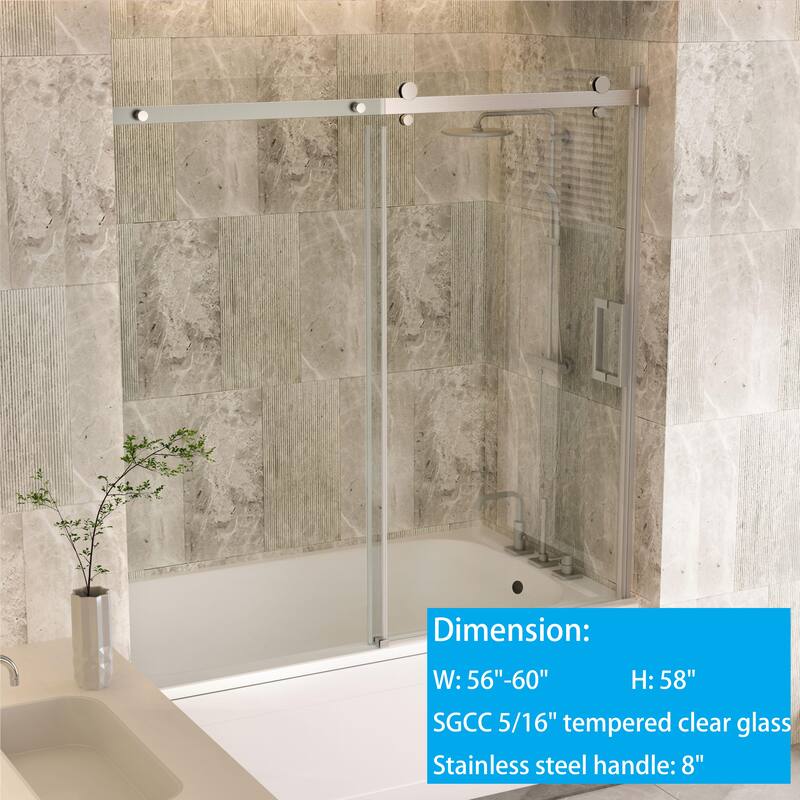 60''W Glass Frameless Shower Door, Shower Sliding Door in Black/Chrome - 60x58 - Chrome