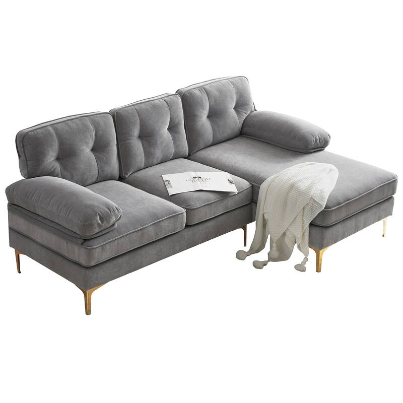 Velvet Sectional Sofas Couches with Pillow Top Arms and Upholstered Backrest, Modern L-Shaped Couches with Metal Legs
