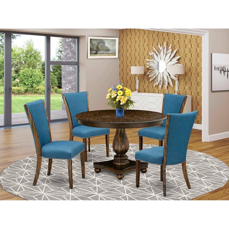 HomeStock 5-Piece Distressed Jacobean Finish Solid Wood Top Dining Table with 4 Parson Chair