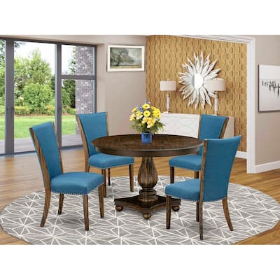 HomeStock 5-Piece Distressed Jacobean Finish Solid Wood Top Dining Table with 4 Parson Chair