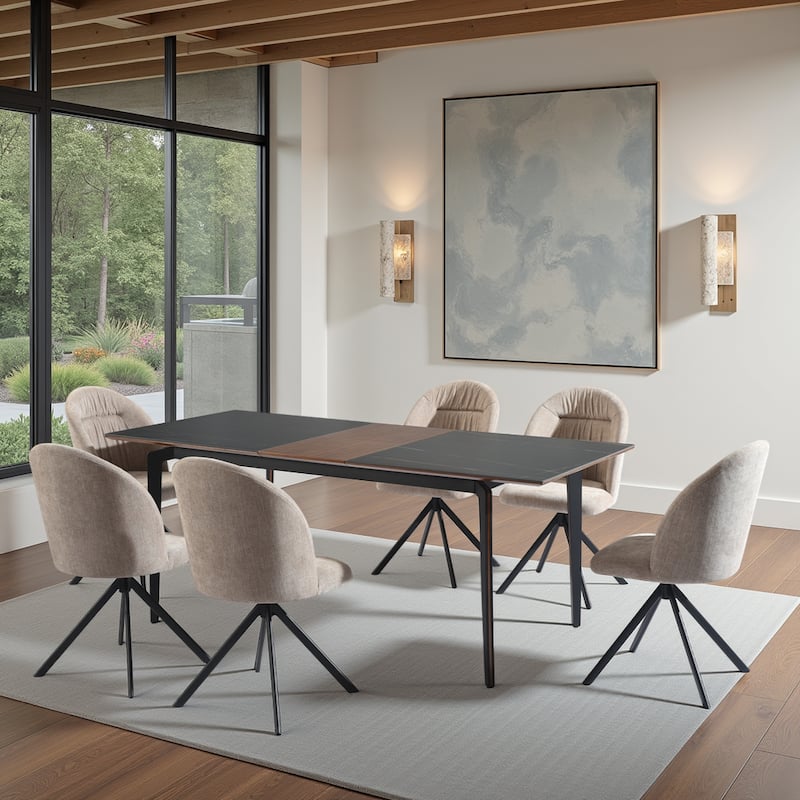Honey Contemporary 7-Piece Dining Set with Dark Wood and Black Sintered Stone Table Top, and Upholstered Armchairs - Almond