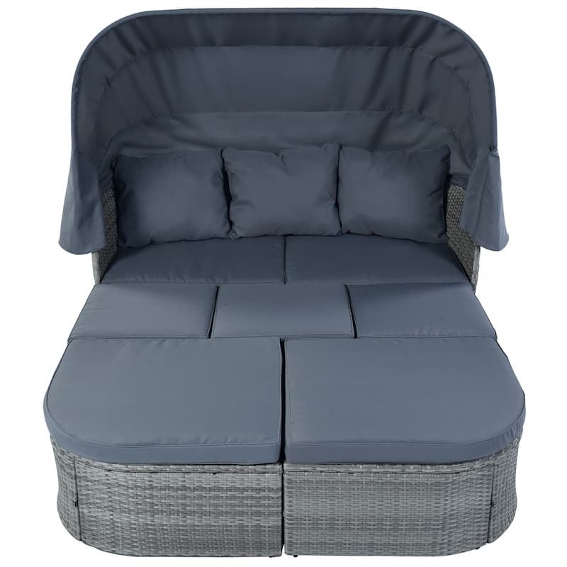 6-Pieces Outdoor Patio Rattan Round Daybed Sunbed Set with Retractable Canopy and Lift Table