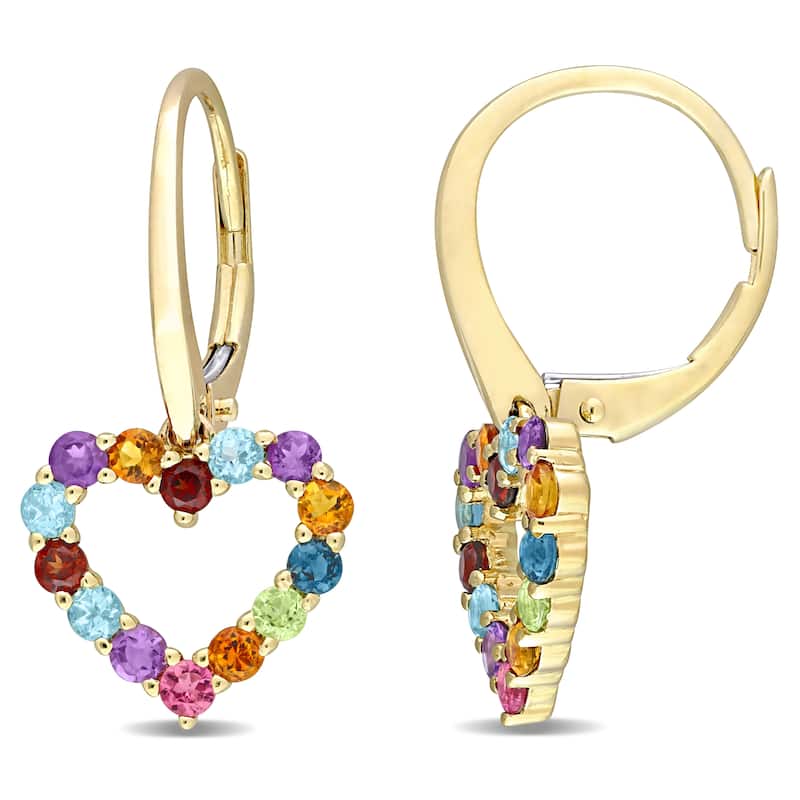 Miadora Multi-Color Gemstone Heart Open Hoop Drop Leverback Earrings in 10k Yellow Gold