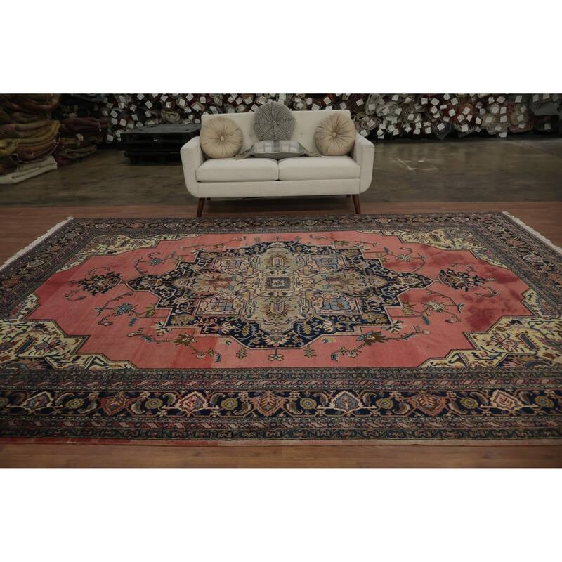 Hand Knotted Oriental 100% Wool Carpet Traditional Medallion Pink Heriz Area Rug - 12' 8'' X 9' 1''