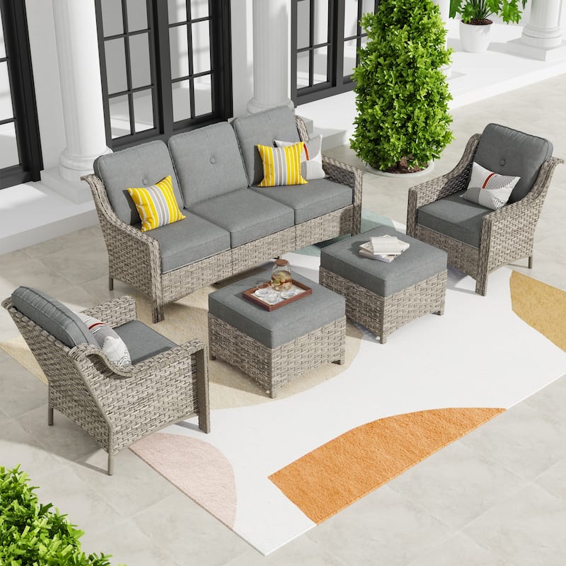 HOOOWOOO 5-piece Wicker High Back Outdoor Furniture Conversation Set - Dark Grey