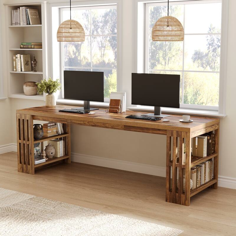 78.7" Two Person Desk with Bookshelf Double Office Desk - Rustic Brown