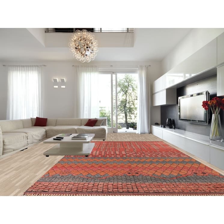 Geometric Coral Moroccan Large Oriental Area Rug Handmade Wool Carpet - 11'4" x 18'6"