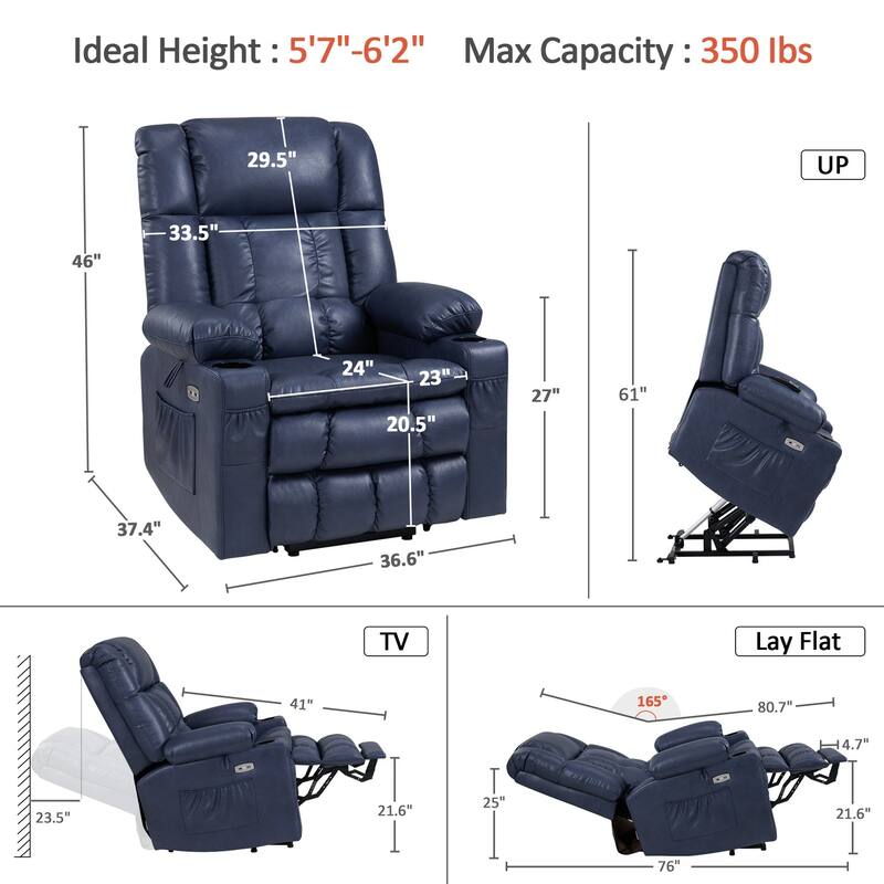 MCombo Large Dual Motor Power Lift Recliner Chair Sofa with Massage and Heat for Tall Elderly People, Faux Leather 7896