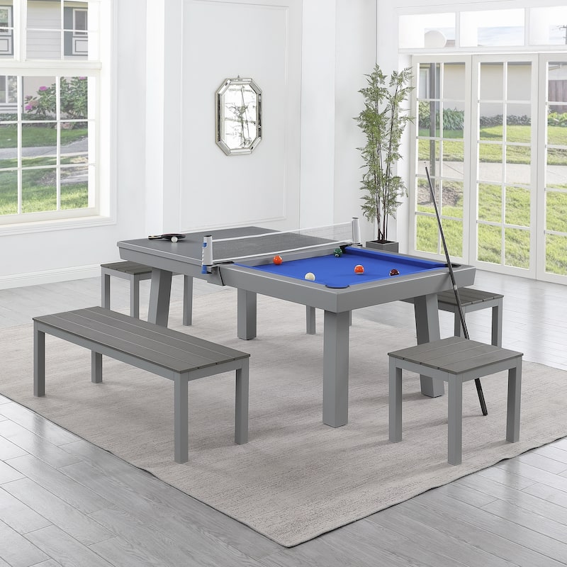 Newport Outdoor Patio 7ft Slate Pool Table 6-Seater Dining Set with 4 Benches & Accessories, Cement Finish - Royal Blue Fabric