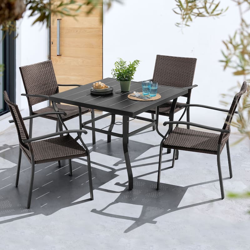 5PCS Outdoor Dining Set, 4 Wicker Chairs and Iron Table with Umbrella Hole - Black
