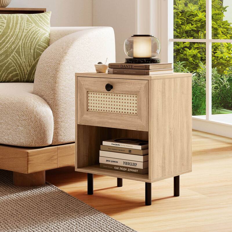 Costway 1/2 PCS Rattan Nightstand Boho End Table with Drawer & Open - See Details