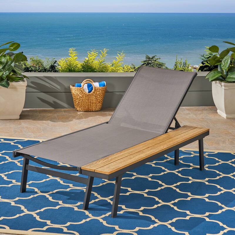 Roomfitters Adjustable Chaise Lounge with Attached Wood Side Table, Stylish Outdoor Seating for Relaxation