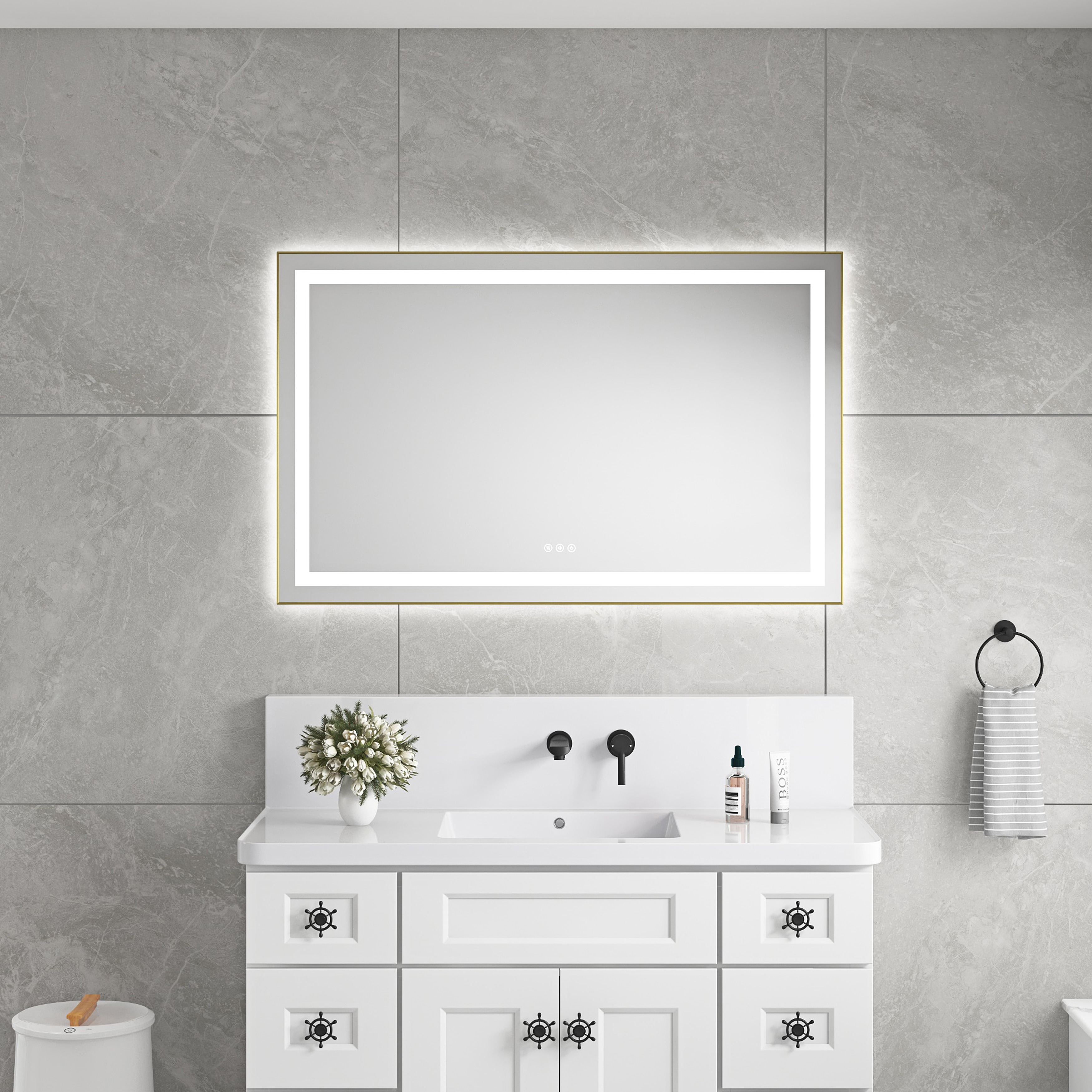 48" x 30" LED Bathroom Mirror with Front and Backlight, Wall Mounted Vanity Mirror with Aluminum Frame, Anti-Fog - Brushed Gold