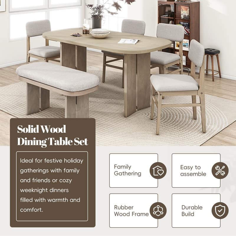 Farmhouse 6-Piece Dining Table Set, Solid Wood Dining Table and 4 Upholstered Chairs & 1 Bench