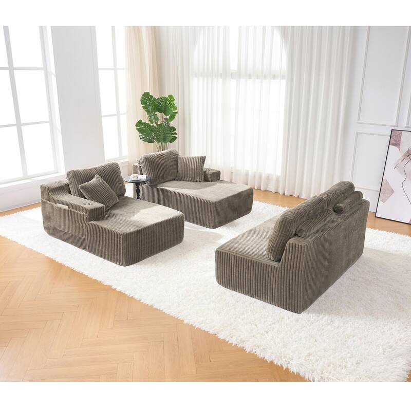 130" U-Shaped Corduroy Sectional Sofa with Cup Holders, No Assembly Required