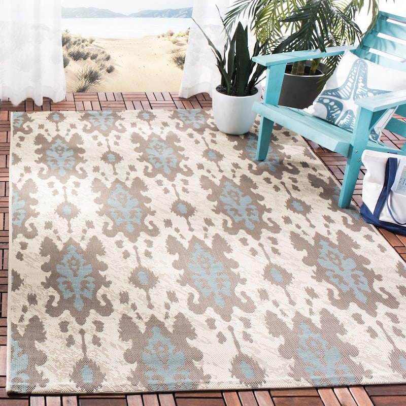 SAFAVIEH Courtyard Louann Indoor/ Outdoor Waterproof Patio Backyard Rug - 5'3" x 7'7" - Beige Dark Beige/Aqua Weft