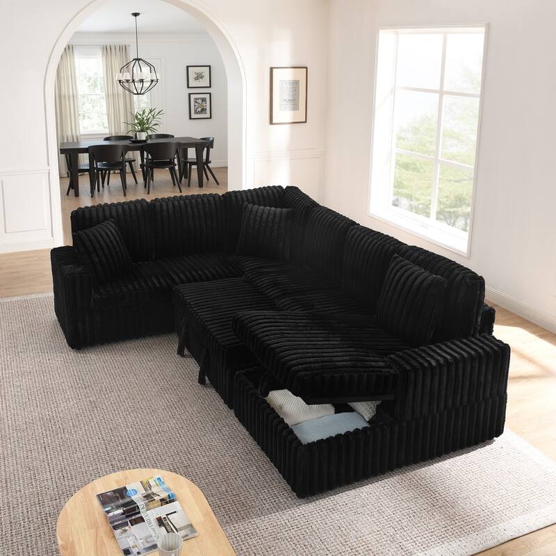 Corduroy Upholstered Reclining Sofa U-shaped Sleeper Sectional Couch with Pull Out Bed, Storage Chaise and Adjustable Backrests