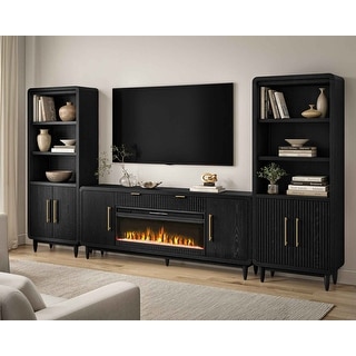 Modern 72" TV Console with Two Bookcases, Four Door Entertainment Stand, Wood Accent Cabinet/Credenza, Fully Assembled, Black