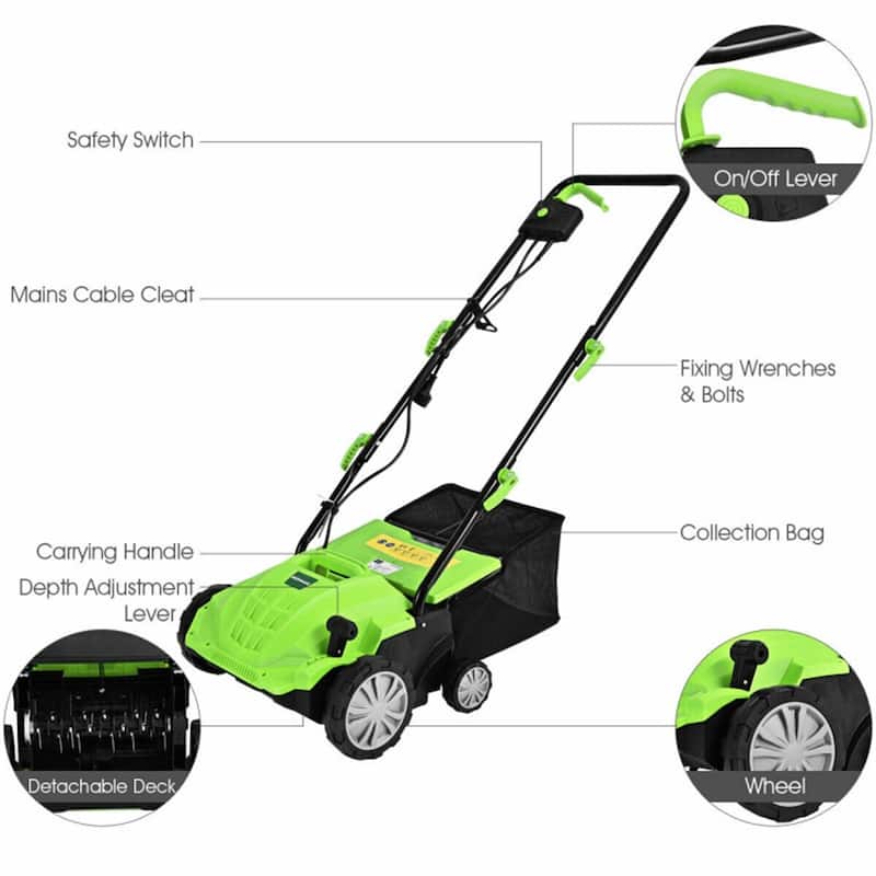 12-AMP Corded Electric Scarifier & Dethatcher 13" Cutting Width with 40L Grass Collection Bag - 40" x 20" x 40"