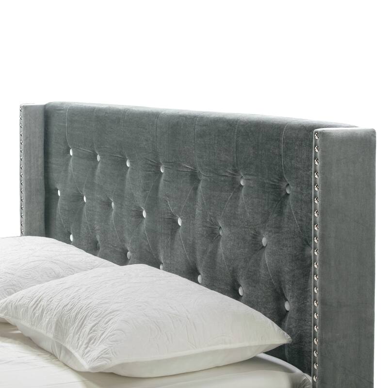 Asali Silver Grey Velvet Bed with Tufting and Nail Headed Wings