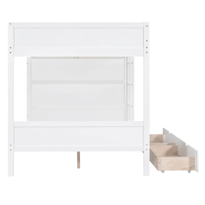 Full over Full Bunk Bed with Drawers and Cabinet, White, Space-Saving Design