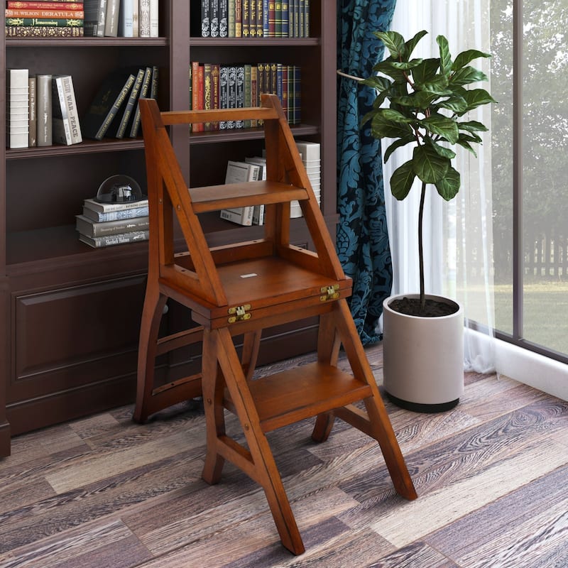 2 in 1 Solid Folding Library Ladder Chair - 34" - Chestnut Brown