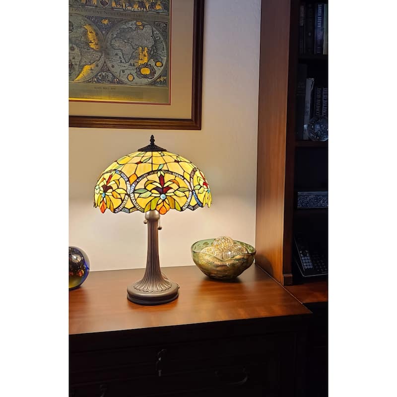 23 Inch Stained Glass Two Light Table Lamp with Dark Brown Metal Base - 12” x 21” x 23”