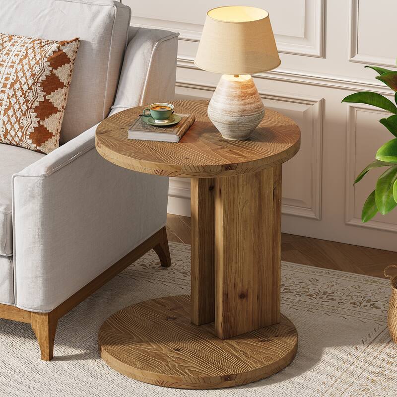 19.68" Round C-Shaped Solid Wood End Table - 1 Pack - Brown