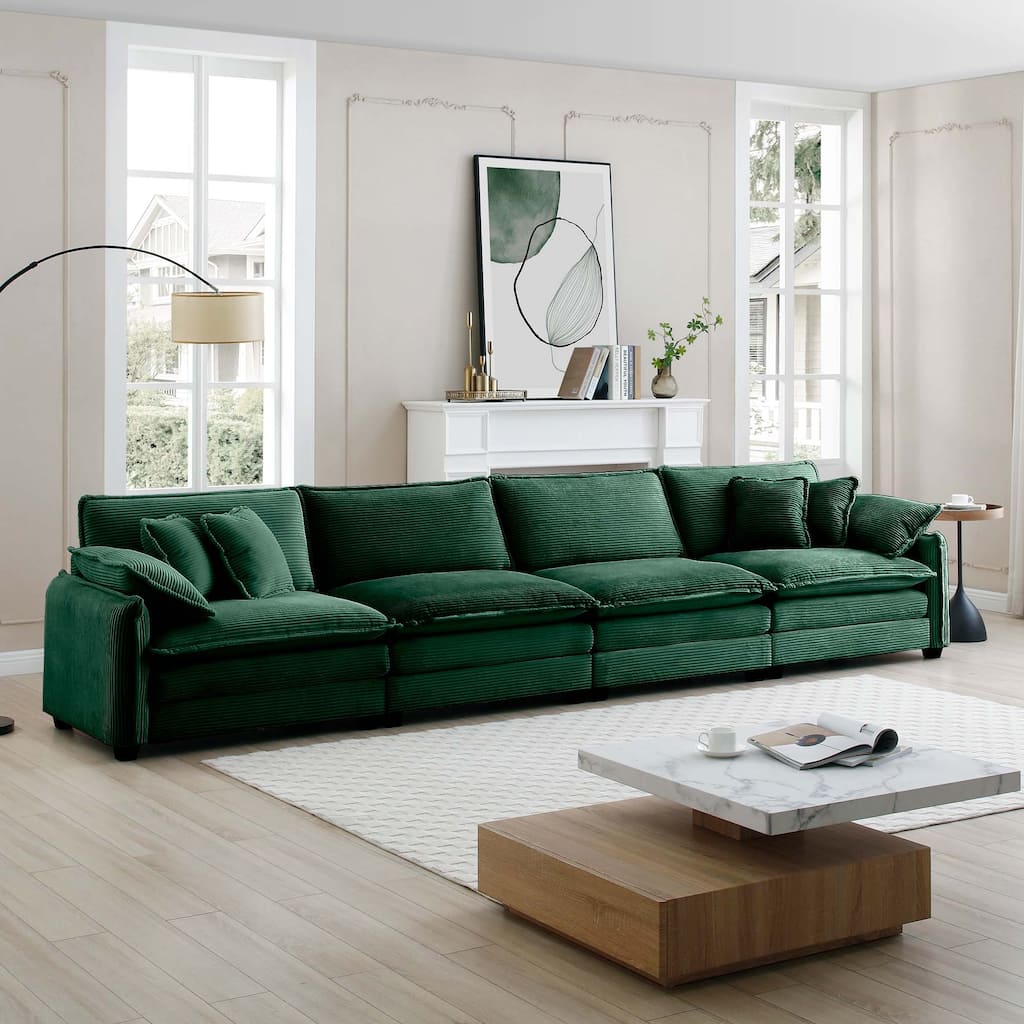 Ergonomic 4 Seater Corduroy Upholstered Sectional Sofa with Pillows