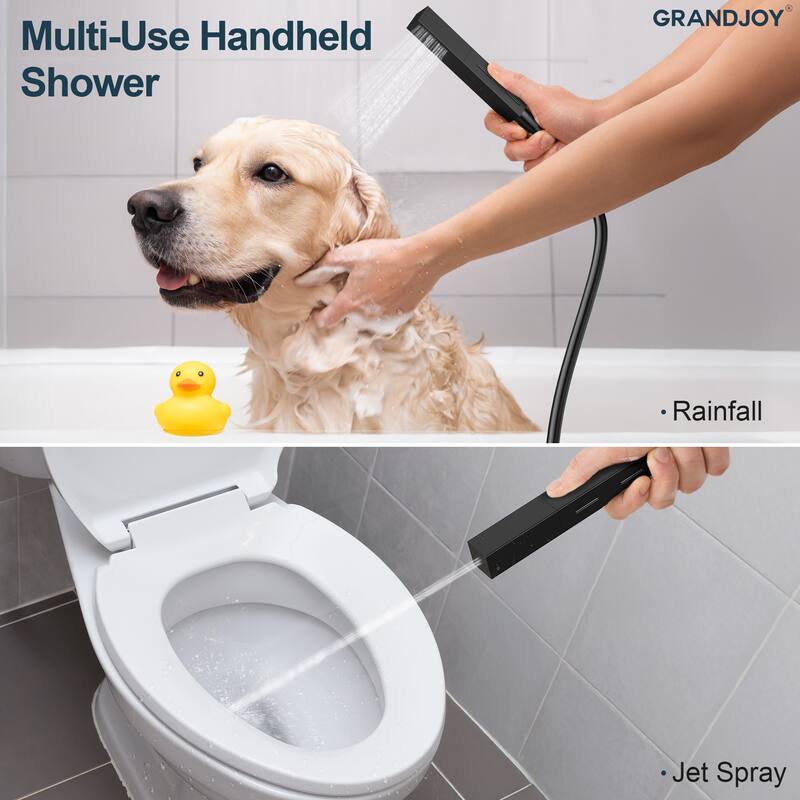 GRANDJOY Thermostatic Triple-Function LED Rain and Waterfall Shower System with Handheld and Built-In Music