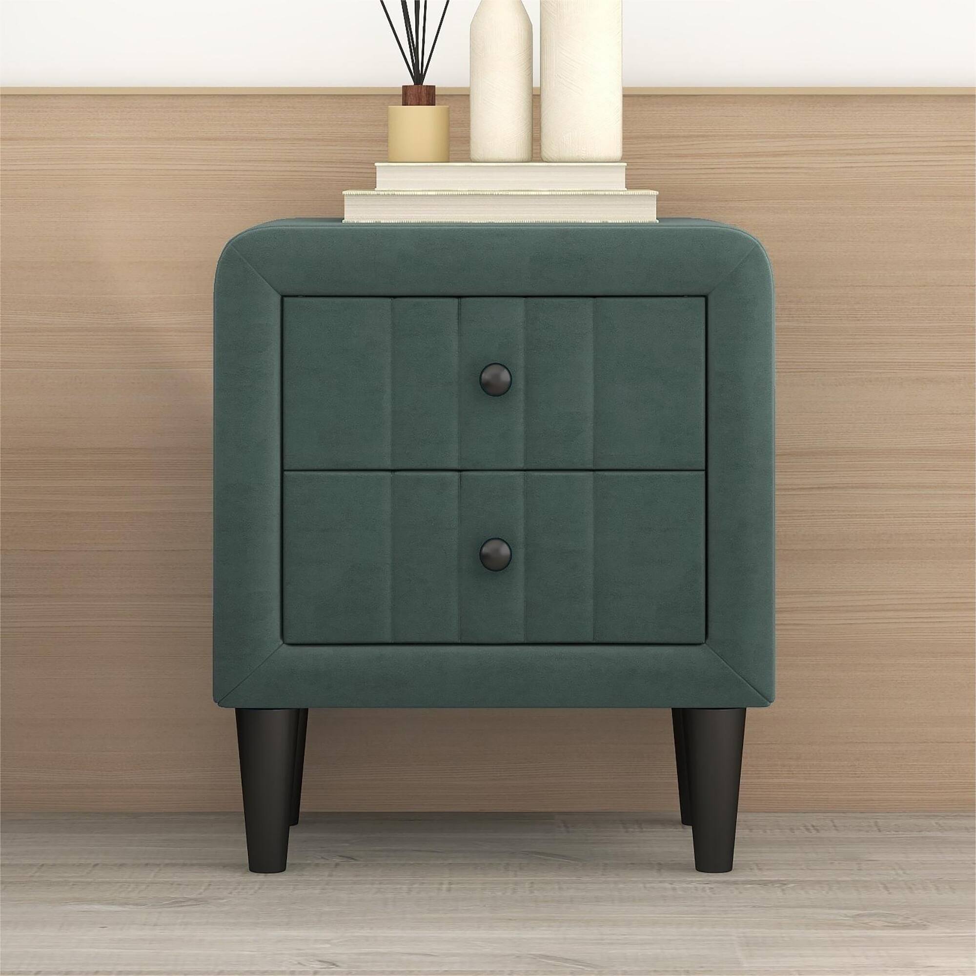 Upholstered Wooden Nightstand with 2 Drawers 4 Legs, Velvet Bedside
