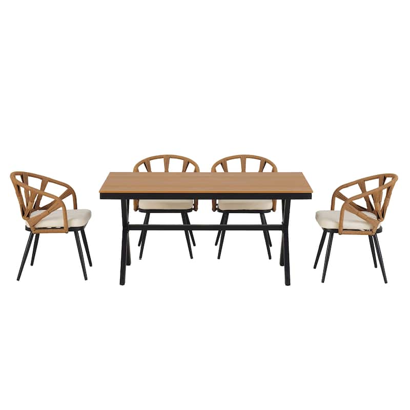 Outdoor PE Rattan Chairs with Plastic Wood Table for Garden (Set of 5)