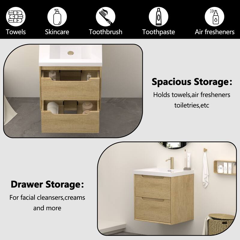 Solid Wood Bathroom Vanity with Integrated Resin Sink, Handle-Free Modern Design - 24"