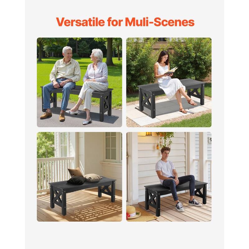 Black Plastic Backless Garden Bench with Cross-Leg Design for Comfortable 2-Person Seating - 44.5” x 15.7” x 17.1”