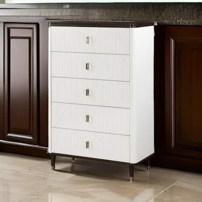 Aren 36 Inch Tall Dresser Chest, Jewelry Tray, 5 Drawers, Solid Wood, White