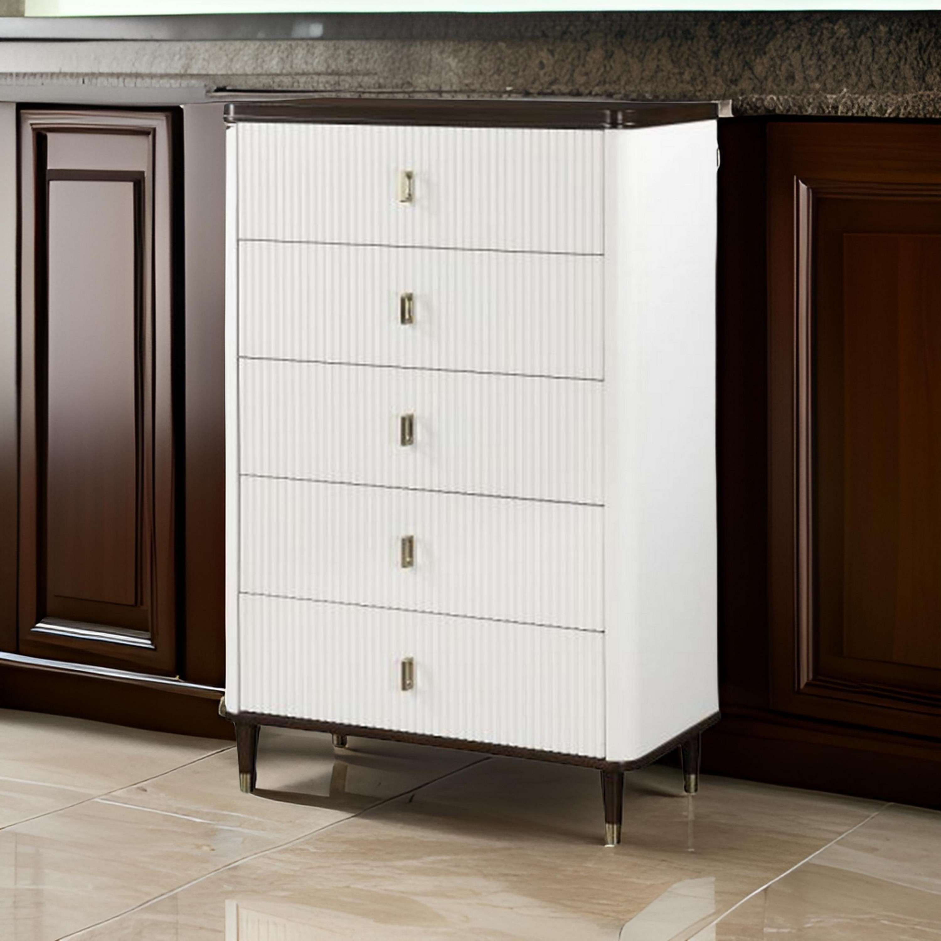 Aren 36 Inch Tall Dresser Chest, Jewelry Tray, 5 Drawers, Solid Wood, White
