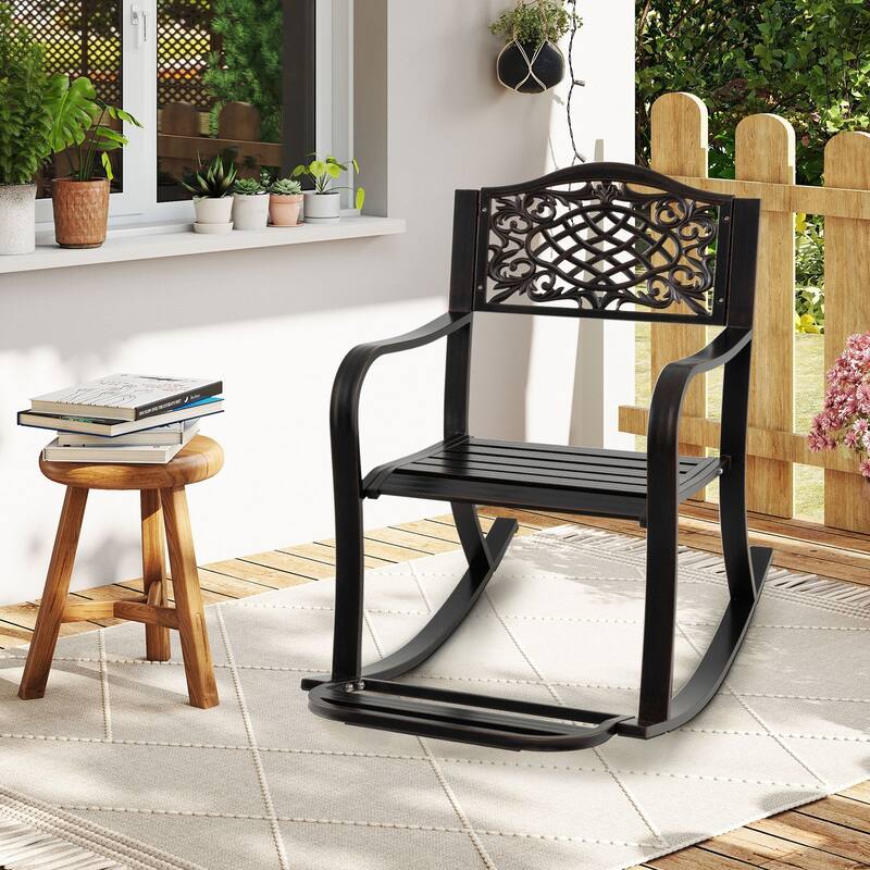Antique Brown Cast Aluminum Rocking Chair Outdoor Patio Seat - 40" x 24.5" x 35"