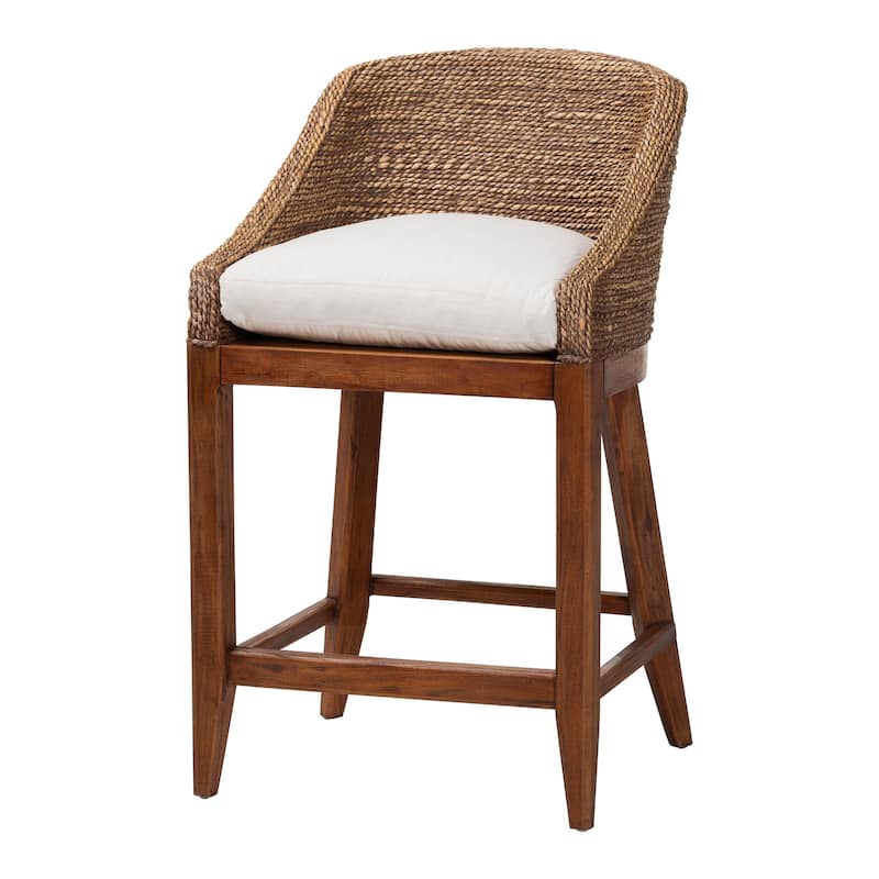 Jasper Seagrass Counter Stool with Mahogany Wood Frame - Coastal Seating with Woven Wingback and Cushioned Seat for Kitchen - Brown Wash