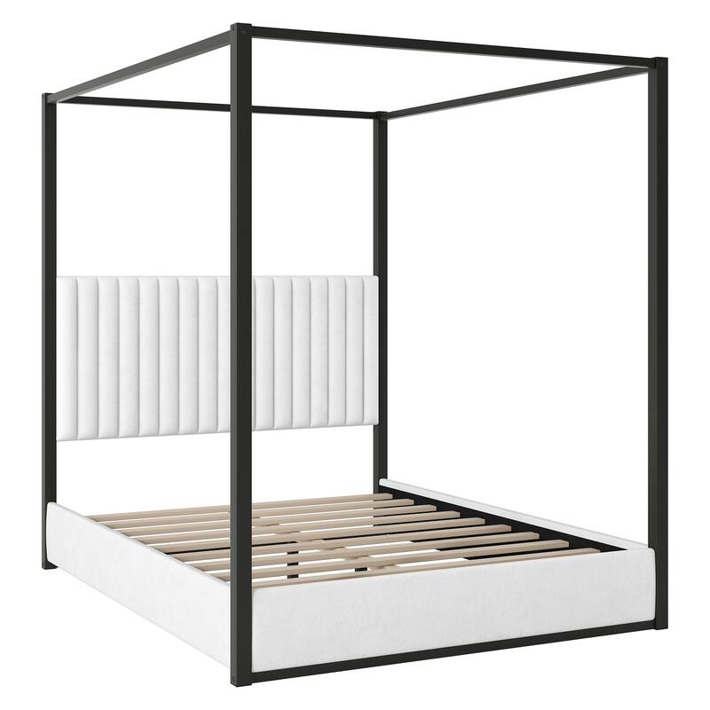 Platform Bed Canopy Bed Velvet Upholstery Bed with Vertical Stripes Headboard and Wood Slat Support No Box Spring Needed