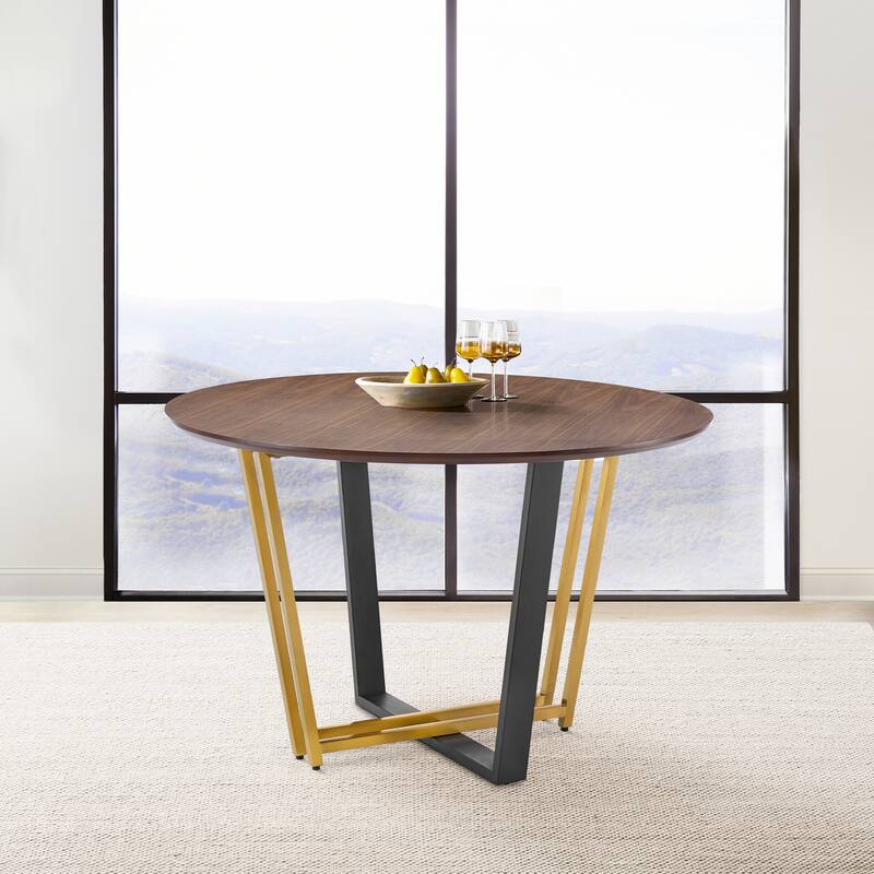 Joana 48 Inch Walnut and Black Steel Round Dining Table - Walnut/Gold